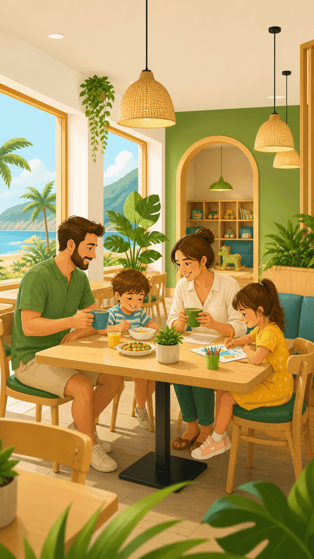Interior of a chic and modern family-friendly cafe with wooden textures and warm lighting